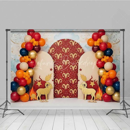 Lofaris Aries Zodiac Cake Smash Backdrop Red and Gold Ram Party Background for Astrology Birthday