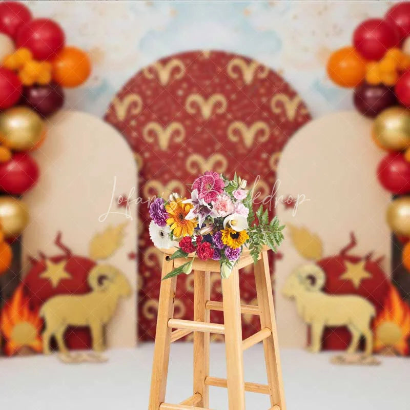 Lofaris Aries Zodiac Cake Smash Backdrop Red and Gold Ram Party Background for Astrology Birthday