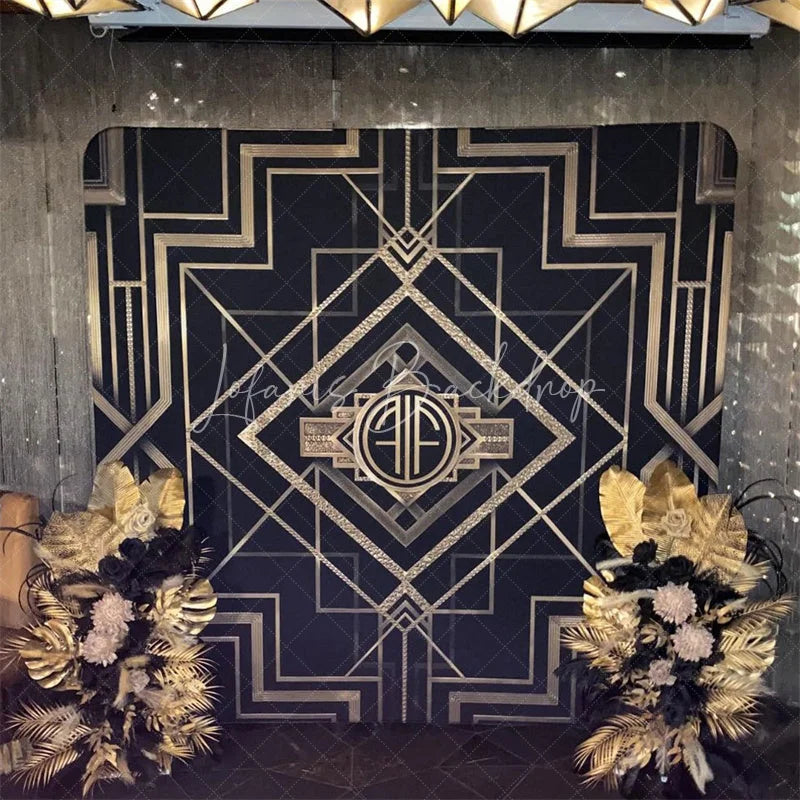 Lofaris Art Deco Gatsby Style Tension Fabric Backdrop Black and Gold Geometric Luxury Party Background