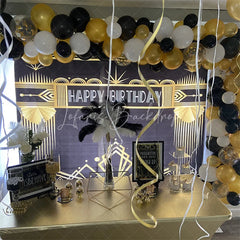 Lofaris Art Deco Gold and Black Happy Birthday Backdrop Gatsby Style Geometric Party Banner for Photography