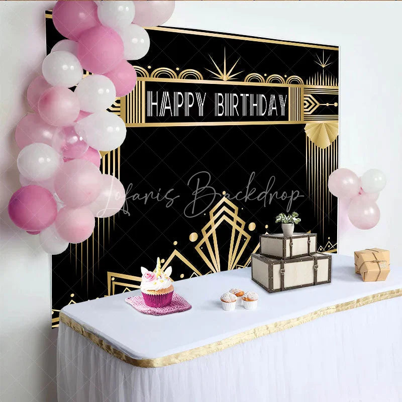 Lofaris Art Deco Gold and Black Happy Birthday Backdrop Gatsby Style Geometric Party Banner for Photography