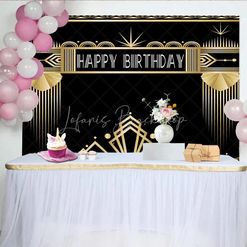 Lofaris Art Deco Gold and Black Happy Birthday Backdrop Gatsby Style Geometric Party Banner for Photography