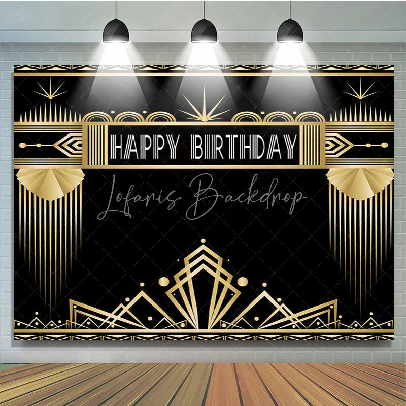 Lofaris Art Deco Gold and Black Happy Birthday Backdrop Gatsby Style Geometric Party Banner for Photography