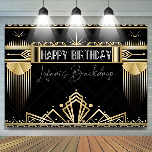 Lofaris Art Deco Gold and Black Happy Birthday Backdrop Gatsby Style Geometric Party Banner for Photography