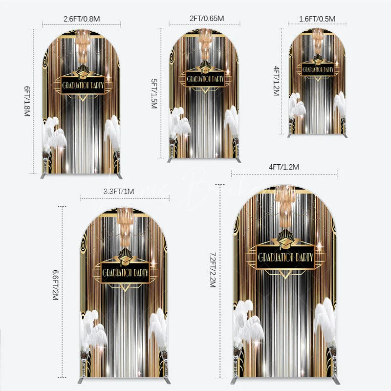 Lofaris Art Deco Graduation Arch Backdrop Black Gold Roaring 20s Feathers Background Class of 2024 Party Cover Decor