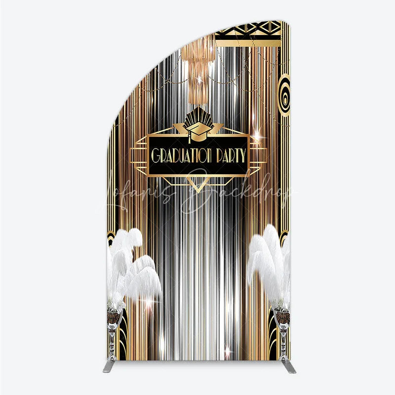 Lofaris Art Deco Graduation Half Moon Arch Backdrop Black Gold Roaring 20s Feathers Background Class of 2024 Party Cover Decor