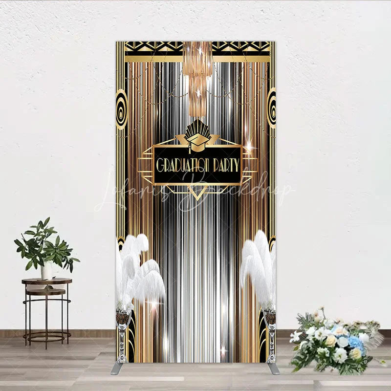 Lofaris Art Deco Graduation Rectangle Backdrop Black Gold Roaring 20s Feathers Background Class of 2024 Party Cover Decor