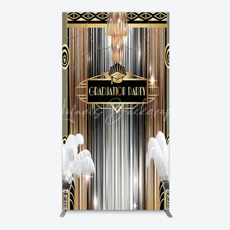 Lofaris Art Deco Graduation Rectangle Backdrop Black Gold Roaring 20s Feathers Background Class of 2024 Party Cover Decor