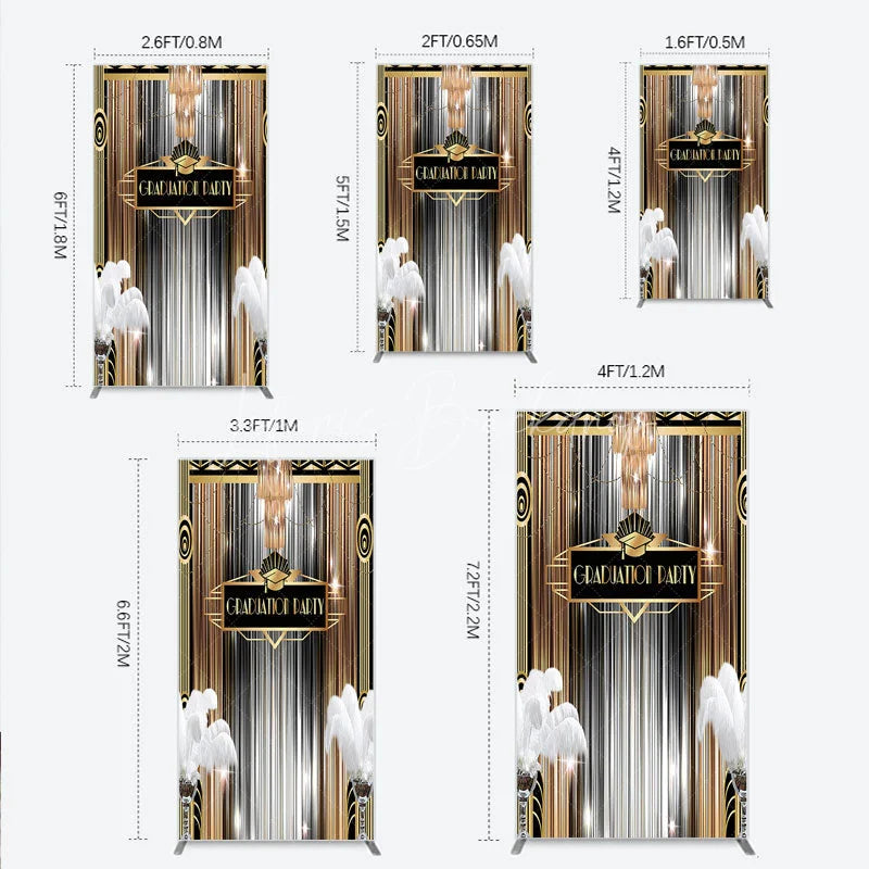 Lofaris Art Deco Graduation Rectangle Backdrop Black Gold Roaring 20s Feathers Background Class of 2024 Party Cover Decor