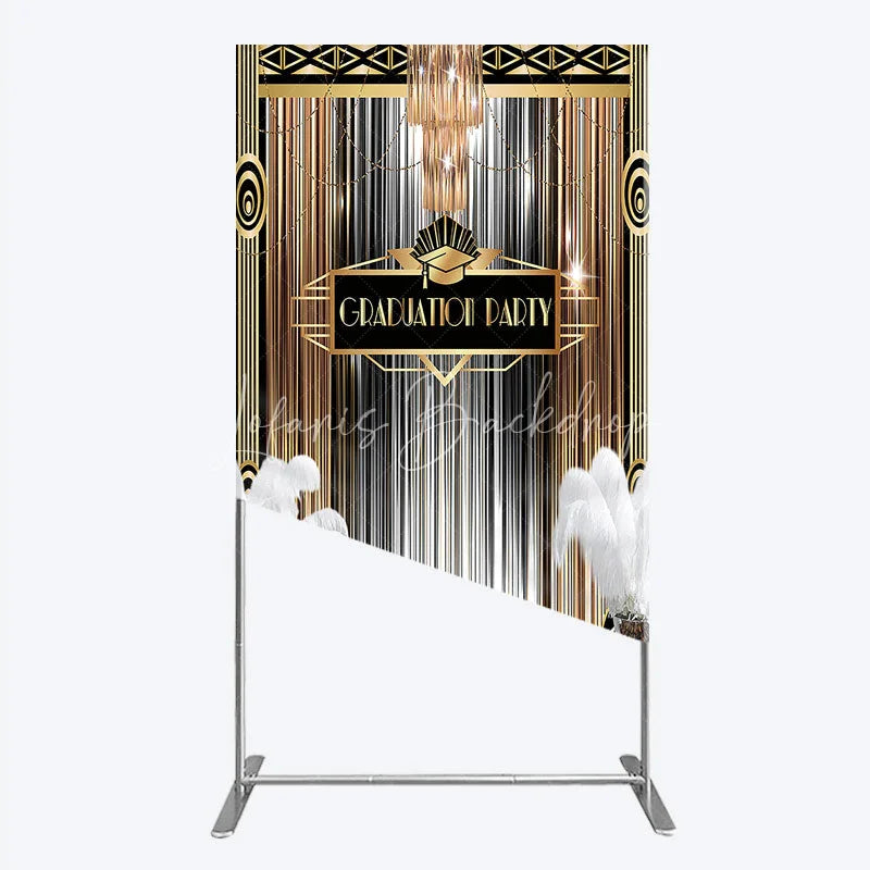 Lofaris Art Deco Graduation Rectangle Backdrop Black Gold Roaring 20s Feathers Background Class of 2024 Party Cover Decor