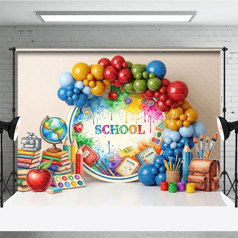 Lofaris Artistic Back To School Backdrop Paint Splatter Globe Books Apple Background Student Photography Banner