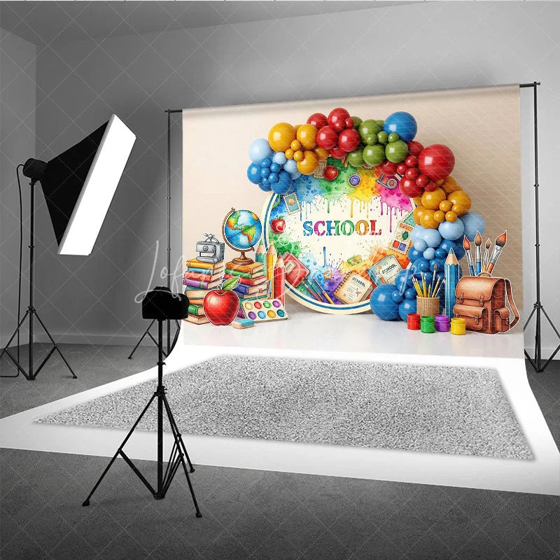 Lofaris Artistic Back To School Backdrop Paint Splatter Globe Books Apple Background Student Photography Banner