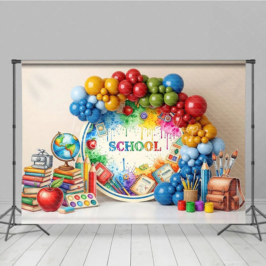 Lofaris Artistic Back To School Backdrop Paint Splatter Globe Books Apple Background Student Photography Banner