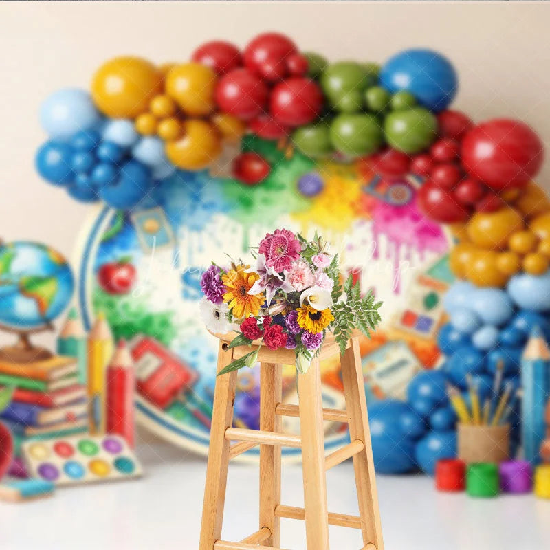 Lofaris Artistic Back To School Backdrop Paint Splatter Globe Books Apple Background Student Photography Banner