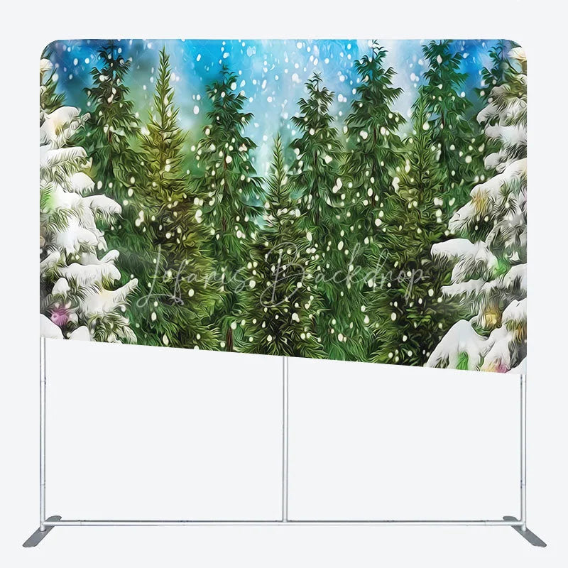 Lofaris Artistic Winter Forest Tension Fabric Backdrop Green Pine Tree Snowing Background Painted Nature Decoration