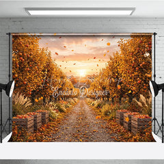 Lofaris Autumn Apple Orchard Photography Backdrop Golden Leaves and Rustic Path with Harvest Crates at Sunset