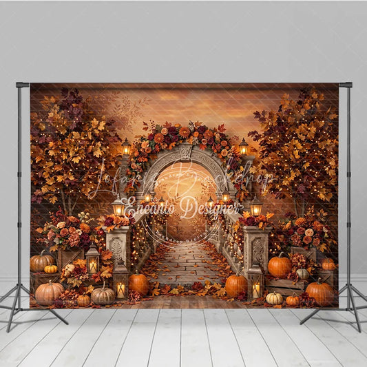 Lofaris Autumn Archway Photography Backdrop with Stone Staircase Fall Foliage Pumpkins and Glowing Lanterns Decor