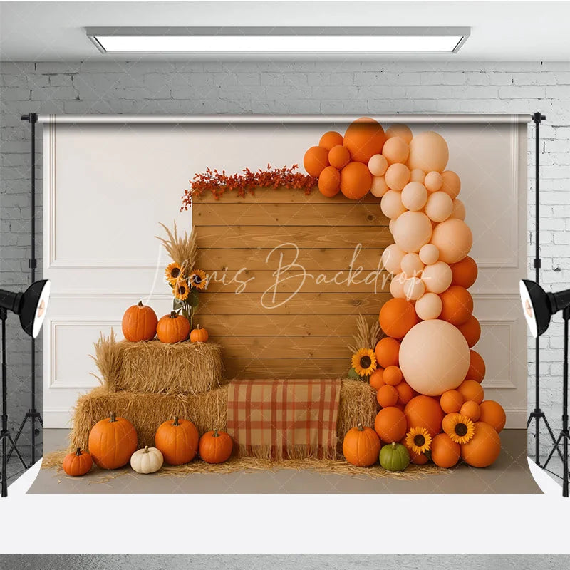 Lofaris Autumn Balloon Arch Photography Backdrop with Wood Wall Rustic Fall Pumpkins and Hay Thanksgiving Photo Booth