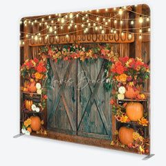 Lofaris Autumn Barn Door Tension Fabric Backdrop Rustic Pumpkin Fall Leaves Background Thanksgiving Harvest Party Decoration