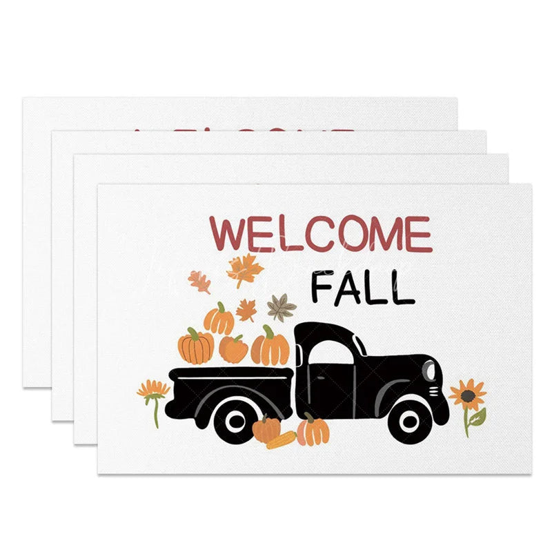 Lofaris Autumn Black Truck with Pumpkins Set of 4 Placemats for Rustic Fall and Farmhouse Kitchen Decor