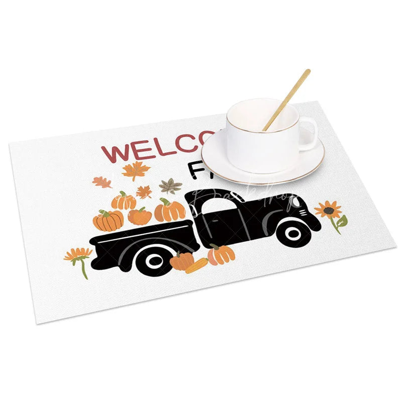 Lofaris Autumn Black Truck with Pumpkins Set of 4 Placemats for Rustic Fall and Farmhouse Kitchen Decor