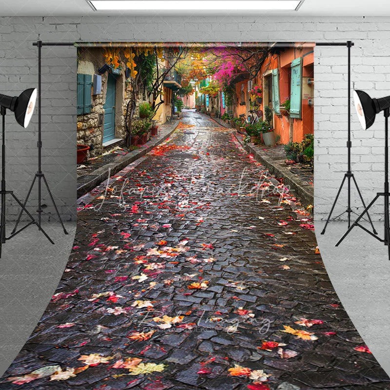 Lofaris Autumn European Cobblestone Alleyway Backdrop Colorful Fall Leaves Town Street Photography Background