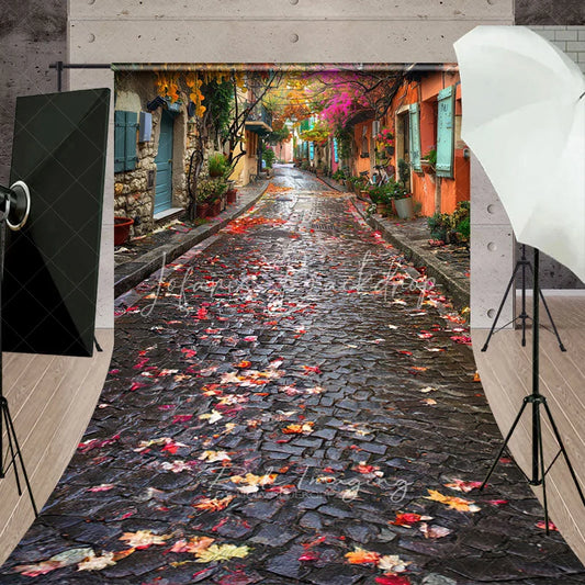 Lofaris Autumn European Cobblestone Alleyway Backdrop Colorful Fall Leaves Town Street Photography Background