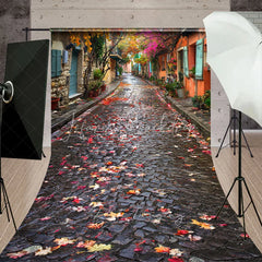 Lofaris Autumn European Cobblestone Alleyway Backdrop Colorful Fall Leaves Town Street Photography Background