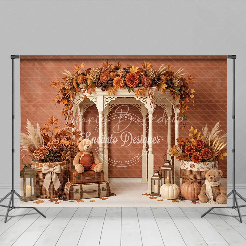 Lofaris Autumn Fall Rustic Gazebo Photography Backdrop with Pumpkins Teddy Bears and Maple Leaves for Seasonal Photoshoot