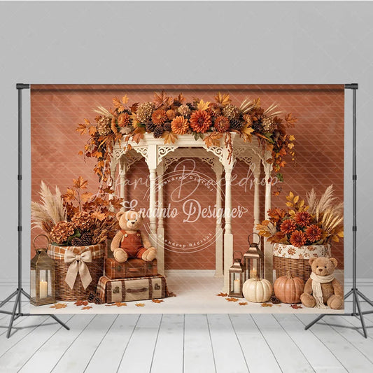 Lofaris Autumn Fall Rustic Gazebo Photography Backdrop with Pumpkins Teddy Bears and Maple Leaves for Seasonal Photoshoot