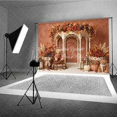 Lofaris Autumn Fall Rustic Gazebo Photography Backdrop with Pumpkins Teddy Bears and Maple Leaves for Seasonal Photoshoot