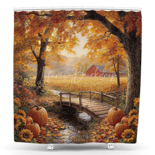 Lofaris Autumn Farmhouse Red Barn Shower Curtain with Rustic Wooden Bridge Pumpkins and Sunflowers