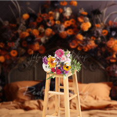 Lofaris Autumn Floral Headboard Photography Backdrop Vintage Bed with Orange Flowers Moody Fall Bedroom Photo Prop