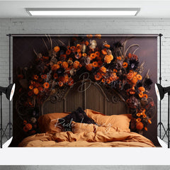 Lofaris Autumn Floral Headboard Photography Backdrop Vintage Bed with Orange Flowers Moody Fall Bedroom Photo Prop