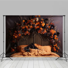 Lofaris Autumn Floral Headboard Photography Backdrop Vintage Bed with Orange Flowers Moody Fall Bedroom Photo Prop