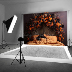 Lofaris Autumn Floral Headboard Photography Backdrop Vintage Bed with Orange Flowers Moody Fall Bedroom Photo Prop