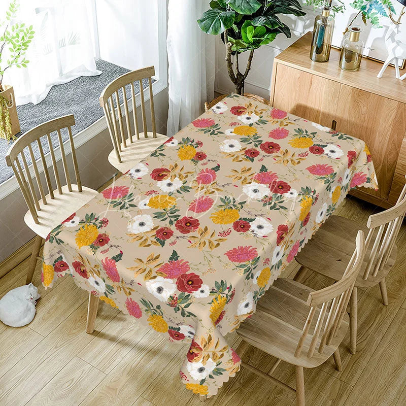 Lofaris Autumn Floral Rectangle Tablecloth Red Yellow and White Flowers Rustic Fall Harvest Dining Table Decor