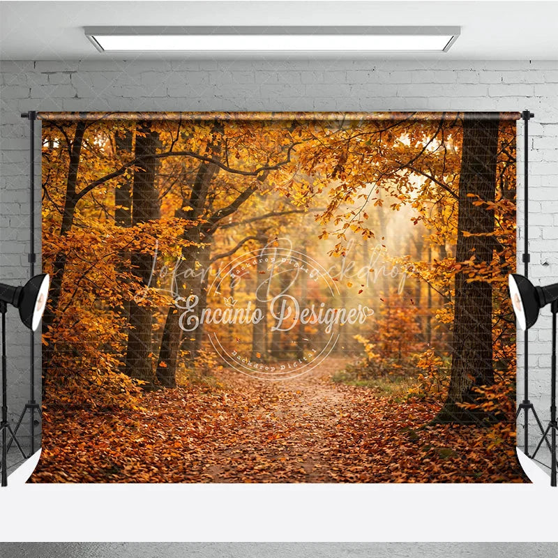Lofaris Autumn Forest Path Photography Backdrop with Golden Sunlight and Falling Leaves Natural Scenery