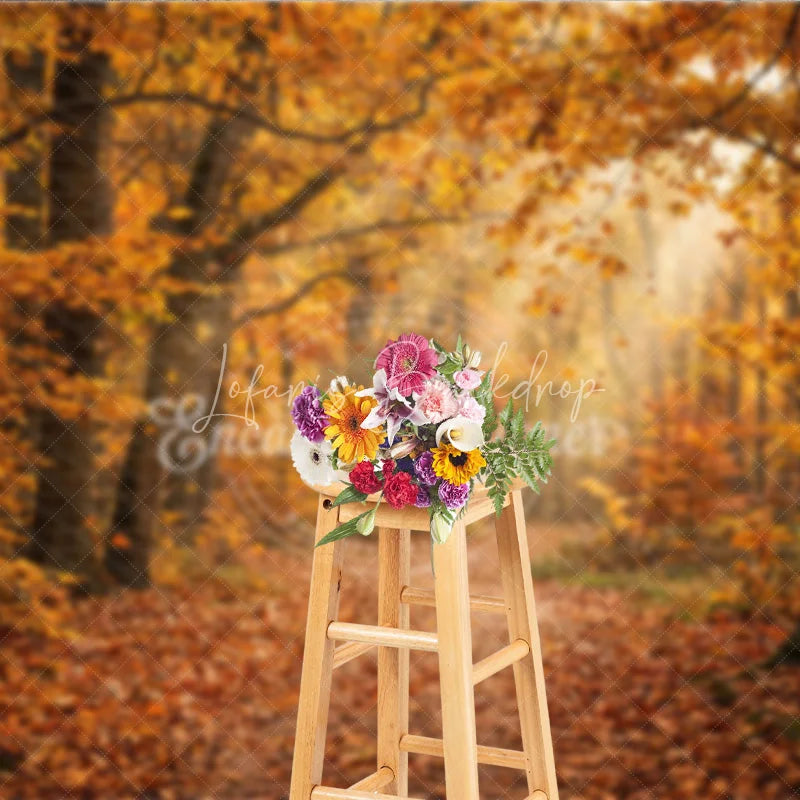 Lofaris Autumn Forest Path Photography Backdrop with Golden Sunlight and Falling Leaves Natural Scenery