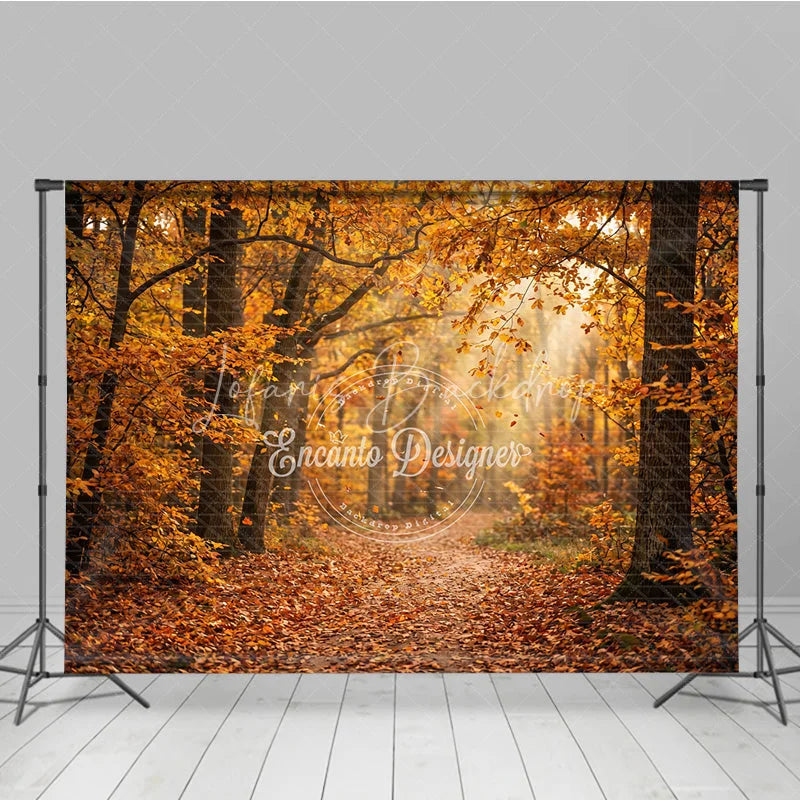 Lofaris Autumn Forest Path Photography Backdrop with Golden Sunlight and Falling Leaves Natural Scenery