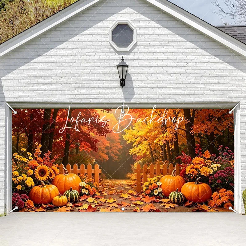 Lofaris Autumn Forest Path with Pumpkins and Fall Leaves Garage Door Banner Thanksgiving Halloween Decor.