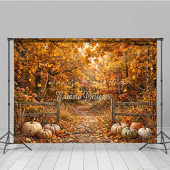 Lofaris Autumn Forest Photography Backdrop with Golden Fall Leaves Rustic Fence and Pumpkins for Seasonal Photoshoot