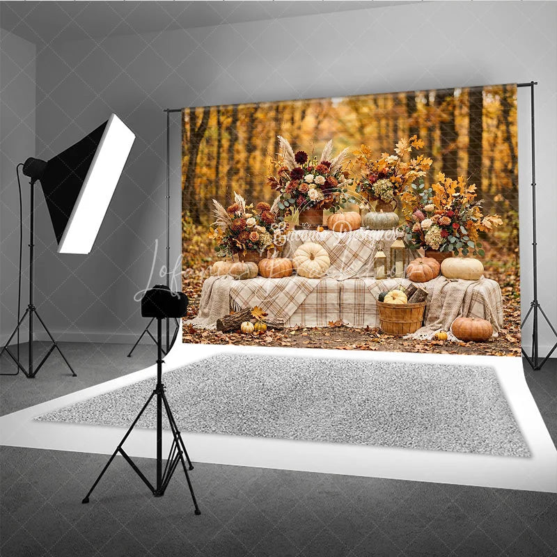 Lofaris Autumn Forest Photography Backdrop with Pumpkins Fall Floral Arrangements and Plaid Blanket Decor