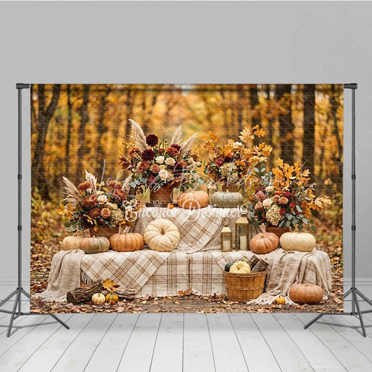 Lofaris Autumn Forest Photography Backdrop with Pumpkins Fall Floral Arrangements and Plaid Blanket Decor