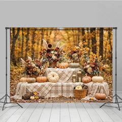 Lofaris Autumn Forest Photography Backdrop with Pumpkins Fall Floral Arrangements and Plaid Blanket Decor