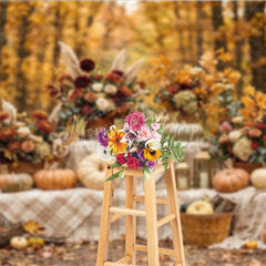 Lofaris Autumn Forest Photography Backdrop with Pumpkins Fall Floral Arrangements and Plaid Blanket Decor