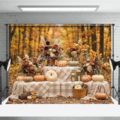 Lofaris Autumn Forest Photography Backdrop with Pumpkins Fall Floral Arrangements and Plaid Blanket Decor