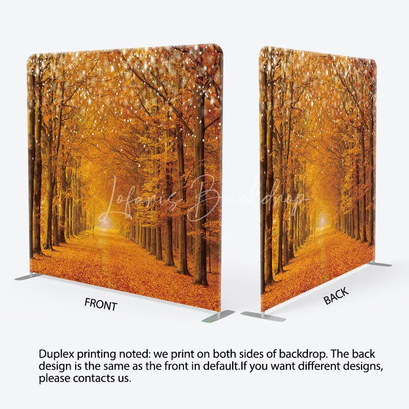 Lofaris Autumn Forest Tension Fabric Backdrop Fall Leaf String Light Decoration Orange Woods Path Background