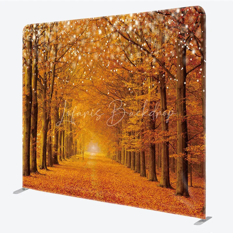 Lofaris Autumn Forest Tension Fabric Backdrop Fall Leaf String Light Decoration Orange Woods Path Background