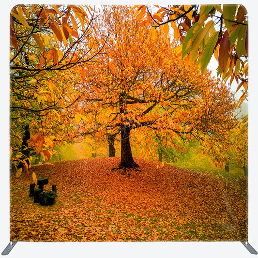 Lofaris Autumn Forest Tension Fabric Backdrop Orange and Yellow Fall Tree Scenery Thanksgiving or Wedding Photography